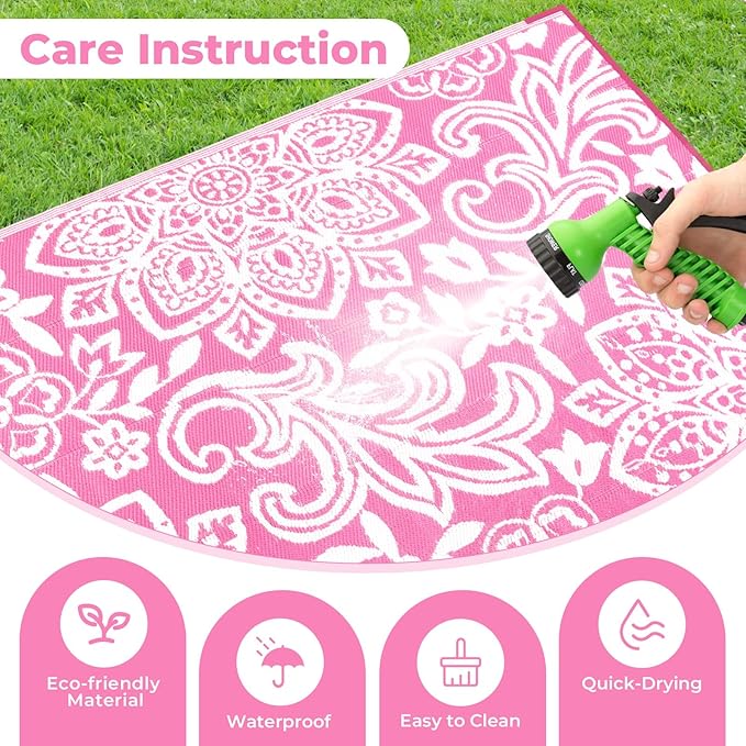 Findosom Waterproof Outdoor Rug 6' x 9' - Reversible Mandala Outdoor Plastic Straw Rug, Durable Foldable Patio Rug for RV, Deck, Balcony, Backyard, Picnic, Porch, Camping, Beach, Pink