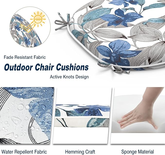 Outdoor Chair Cushions Set of 2, Water Resistant Patio Chair Pads with Ties, Seat Cushions for Home Garden Furniture Decoration, 16"x17", Clemens Noir Blue