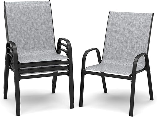 PIZZELLO Patio Chairs Set of 4 - Outdoor Stackable Dining Chairs for All Weather - Breathable Textilene Outdoor Chair Sets with Curved Armrests - 300Lbs Capacity - for Lawn Backyard Garden (Grey)