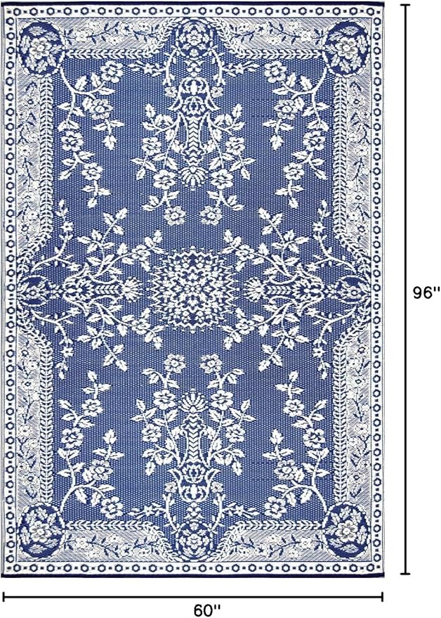 Mad Mats Traditional Outdoor Rug, Reversible Plastic Mat (6' x 9', Oriental Garland - Blue/White)