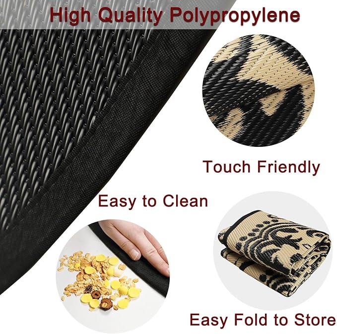 Homcomoda Round Outdoor Patio Rug, 6Ft Waterproof Indoor/Outdoor Area Rug, Black/Brown, 71" Diameter, Leaf Pattern, Machine Made, Low Pile, Foldable, Reversible, Lightweight, Spot Clean Only