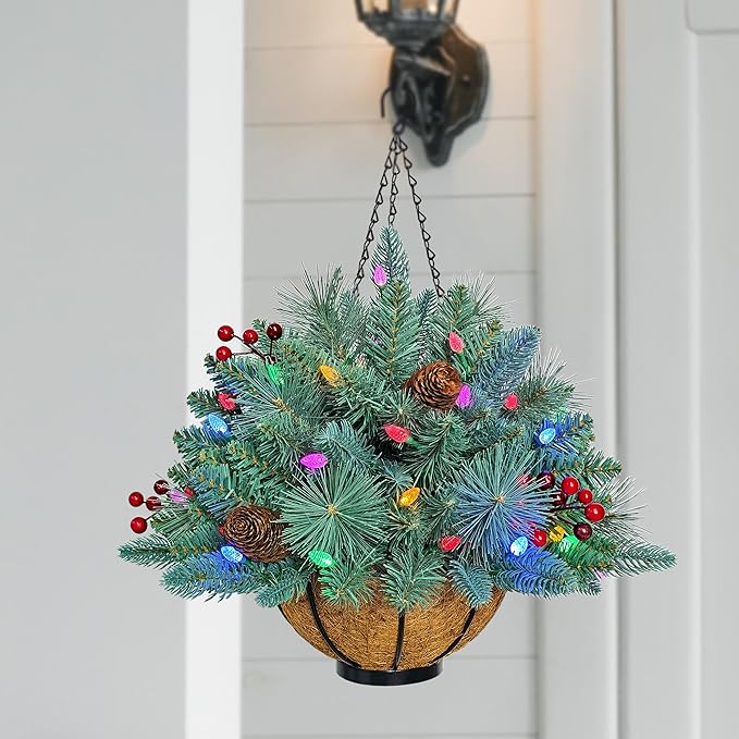 18 Inches Pre-lit Blue Spruce Artificial Christmas Hanging Basket with Red Berries, Pine Cones,40 C3 Dual-Color Multi-Functional Battery Operated LED Lights with Timer