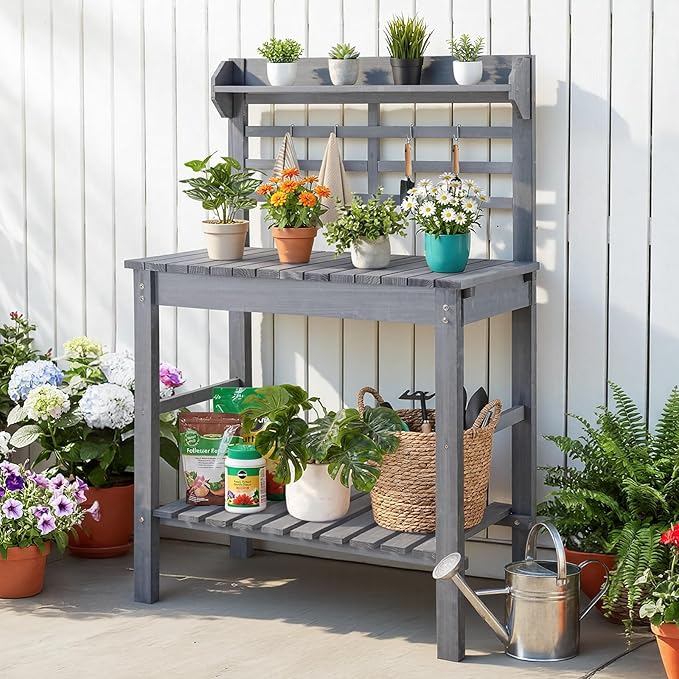 VEVOR Potting Bench Table, Outdoor Gardening Workstation with Sink, 37-55in Adjustable Wood Tabletop, Garden Work Station with Storage Shelves, Hooks for Patio, Backyard, Classic Grey