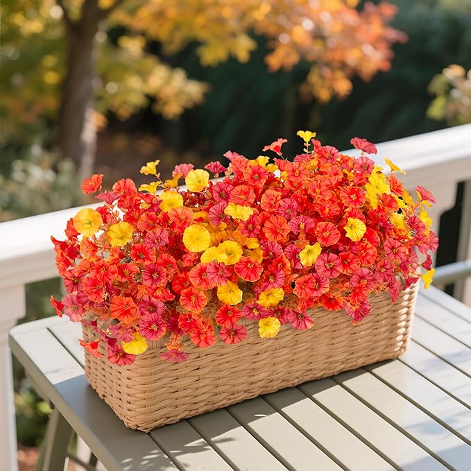 Fake Fall Flowers Artificial for Decoration, 12 Bundles Faux Plants Silk Orange Flowers Morning Glory Petunias Realistic UV Resistant for Outdoors Planter Porch Patio Window Box, Orange Yellow