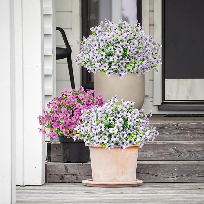 Artificial Flowers Outdoor Faux Plants UV Resistant Fake Patio Flowers Plastic Greenery Plnats Outside Bulk for Spring Garden Hanging Planter Home Vase Decor, 24 Bundles (White)