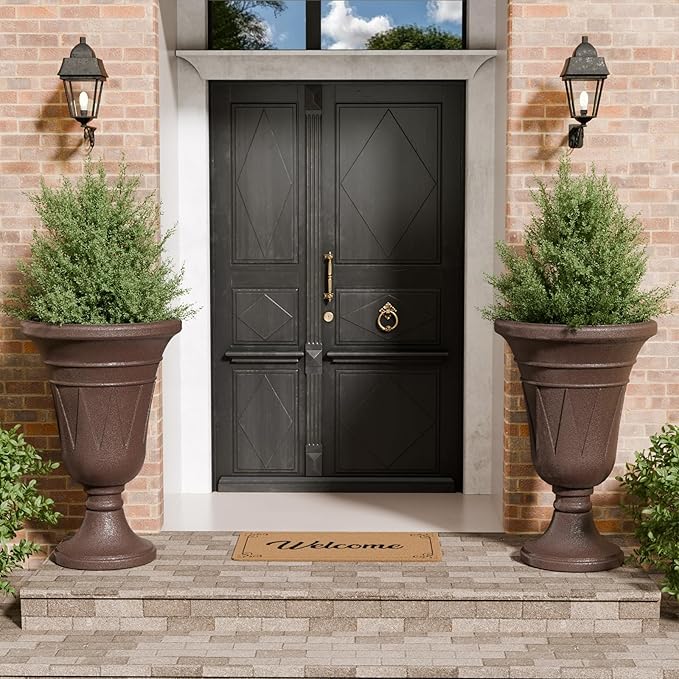23.6" Tall Plastic Urn Planters for Outdoor Plants, Set of 2 Heavy-Duty Classic Indoor Large Flower Pots with Drainage Holes & Trophy Design, Outdoor Planters for Porch, Home Garden, Brown
