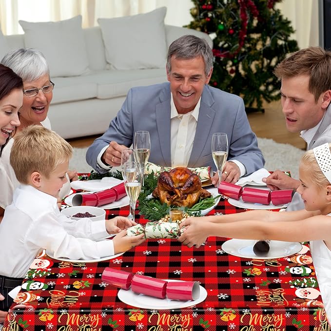 3 Pieces Merry Christmas Tablecloth - 54"x108" Disposable Red and Black Checkered Plastic Table Cover with Santa and Snowflakes for Christmas Dinner Party Supplies, Winter Seasonal Decorations