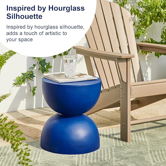Glitzhome Outdoor Side Table, Round Accent End Table, Lightweight Hourglass Faux Terrazzo Decorative Garden Stool, 17.75" H Cobalt Blue Planter Stand for Patio Porch Balcony Living Room