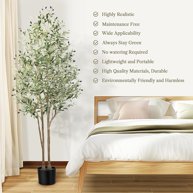 Alupssuc Olive Trees Artificial Indoor, 6FT Tall Faux Olive Tree, Artificial Plants with Natural Wood Trunk and Lifelike Fruits for Home Office Decor