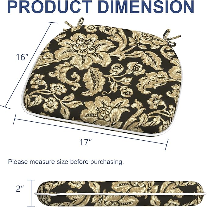 Outdoor Chair Cushions 16"x17" Set of 2, Water Resistant Patio Chair Pads with Ties, Seat Cushions for Home Garden Furniture Decoration, Jacobean Black