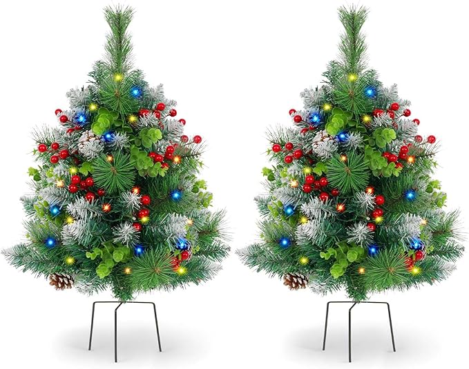 2 Pack Christmas Decorations Outdoor - 30" Pre-Lit Outdoor Christmas Tree with Lights, Prelit Planter Bushes with Remote, Christmas Planter Urn Filler for Front Porch Pathway Yard Garden Holiday Decor