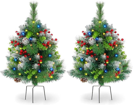 2 Pack Christmas Decorations Outdoor - 30" Pre-Lit Outdoor Christmas Tree with Lights, Prelit Planter Bushes with Remote, Christmas Planter Urn Filler for Front Porch Pathway Yard Garden Holiday Decor