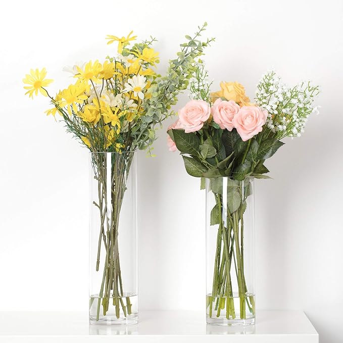 WGV Quality Thick Cylinder Vase, Diameter 5", Height 12", Clear Glass Floral Planter Container, Tall Centerpiece Arrangement for Wedding Home Decor, 1 Piece