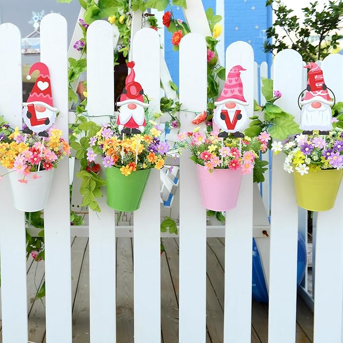 Bucherry 12 Pcs Valentine's Day Love Gnome and Heart Shape Planter Stakes Valentines Day Decorative Garden Yard Stakes Valentines Flower Pots Signs for Home Anniversary Party Outdoor Lawn Decor