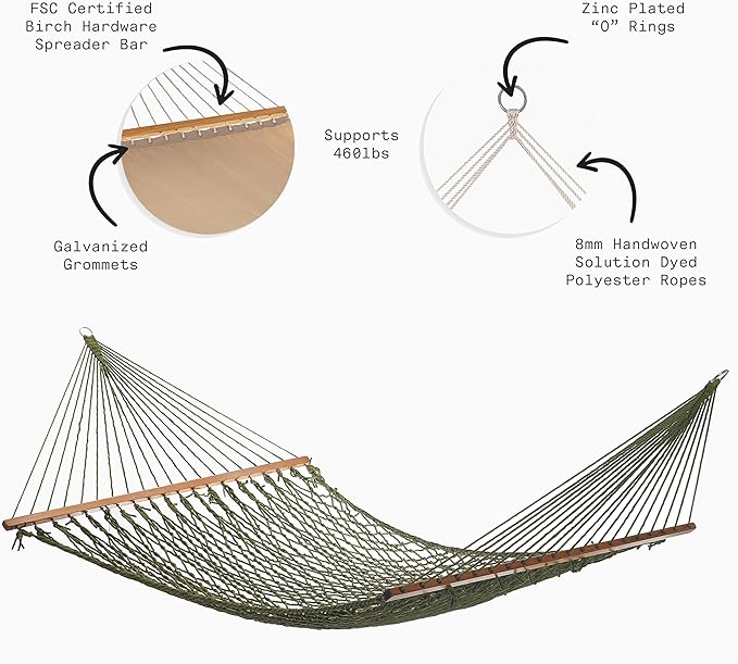 Fab Habitat Rope Recycled Polyester Hammock - Miami - Green - Indoor/Outdoor, Quick Dry, 2 Person 400 lbs Capacity - Patio, Poolside, Backyard, Garden, Beach, Balcony - 12-14 ft Adjustable