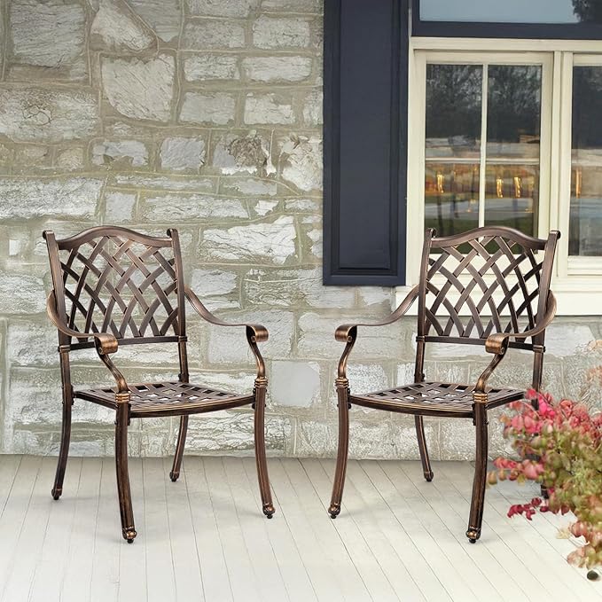 VINGLI Patio Chairs Set of 4 - Stackable Outdoor Cast Aluminum Dining Chairs with Vintage Bronze Finish and Diamond Pattern, Metal Armchairs for Poolside, Backyard, Balcony (No Cushion)