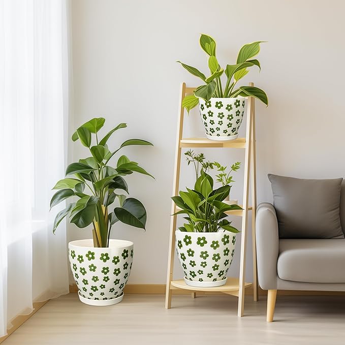 Indoor Plant Pots - 10+8+6 Inch Ceramic Planters for Indoor Plants, Boho Round Ceramic Flower Pots with Drainage Holes and Saucers, Housewarming Gifts, Home Decor, Set of 3, White
