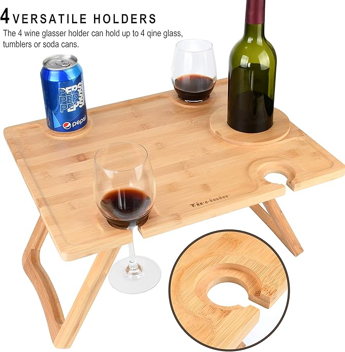 Tirrinia Portable Wine Picnic Table, Ideal Wine Gift for Women Men, Outdoor Folding Table & Beach Charcuterie Board with Wine Glasses Holder for Camping, Park, Party, Garden Concerts, Wooden