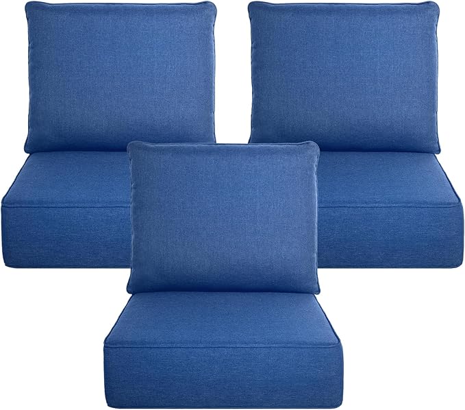 Belord Luxury 6" Thick Outdoor Cushion 3 Set - 22 x24 Inch 28D Sponge Filling Fade-Resistant Chair Cushion, Spill Proof Removable Patio Furniture Replacement Cushion for Sofa Bench - Blue