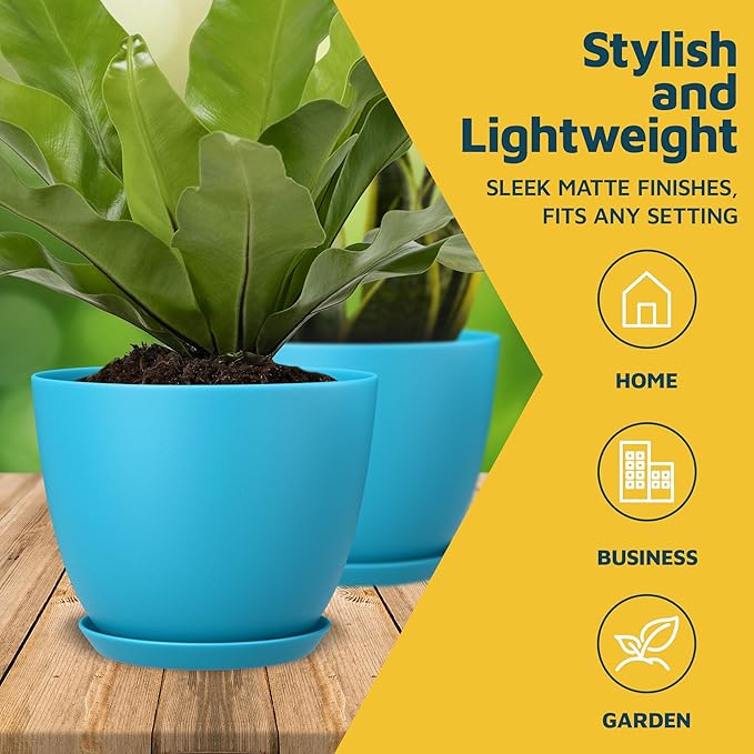 Blue Plant Pots with Drainage Holes & Saucers 20 Pack, Indoor & Outdoor Stackable Space-Saving Planters for Houseplants & Flowers, (7", 6.7", 6", 5.3", and 4.8" Inches), Durable & Weatherproof