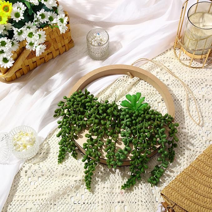 Honeydak 3 Pack Artificial Succulents Hanging Plants Fake Plants Set Wall String of Pearls Succulent Planter in Pot with Lanyard for Balcony Living Room Home Indoor Outdoor Wall Decor(Wood Color)