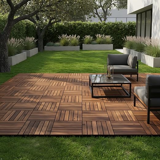 Acacia Wood Flooring Interlocking Deck Tiles for Patio Decor 27 Pcs 12 Slats VR Brown - Waterproof Indoor & Outdoor Decor - Balcony Garden Decking Tile (12.2 * 12.2 * 0.7 inches)