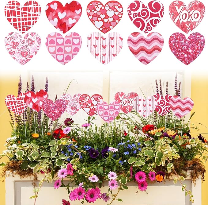 10 Pcs Valentine’s Day Heart Planter Stakes - 11.8" Double Side Heart Decorative Garden Yard Stakes Valentine's Day Outdoor Decor for Indoor Outdoor Patio Planter Pot Lawn Pathway Wedding Decor