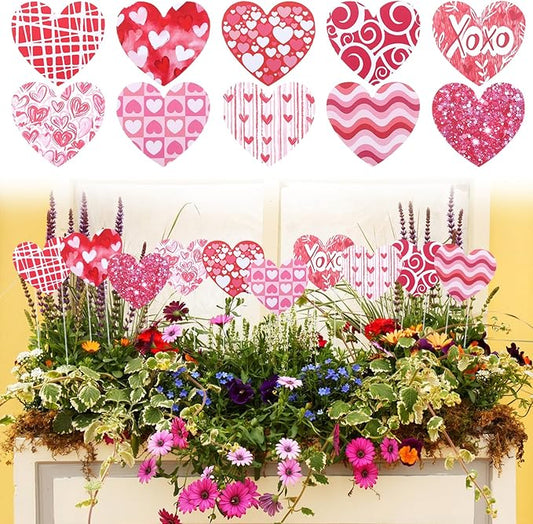 10 Pcs Valentine’s Day Heart Planter Stakes - 11.8" Double Side Heart Decorative Garden Yard Stakes Valentine's Day Outdoor Decor for Indoor Outdoor Patio Planter Pot Lawn Pathway Wedding Decor
