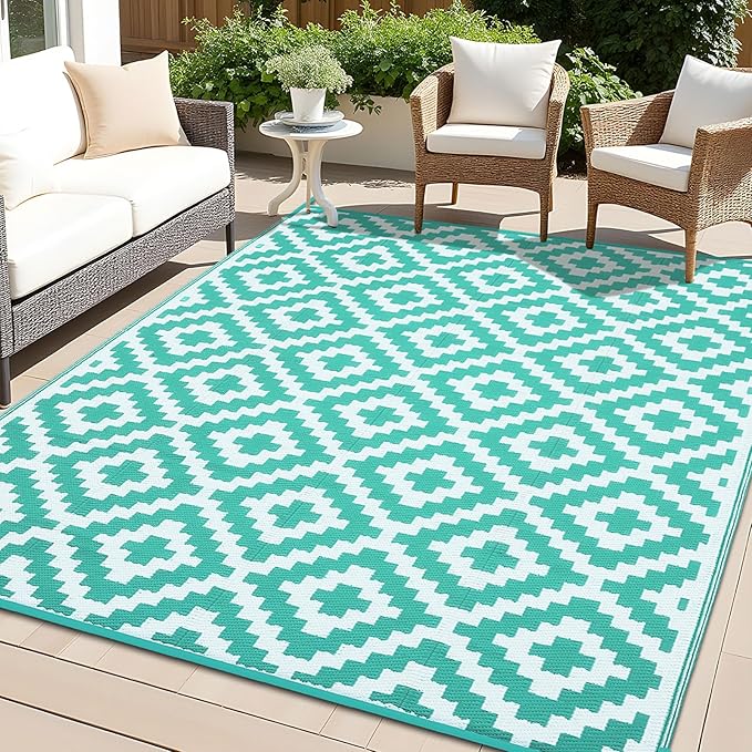 OLANLY Waterproof Outdoor Rug 6x9 ft, Outdoor Plastic Straw Rug for Camping, RV Mat Outside, Outdoor Carpet for Porch, Deck, Backyard, Balcony, Picnic, Turquoise & White