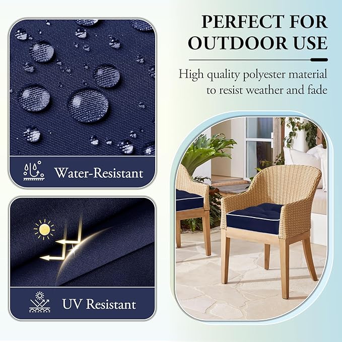 Wellsin Outdoor Chair Cushions Set of 2, Patio Cushions for Outdoor Furniture, Tufted Waterproof Outdoor Chair Pads, 19 x 19 Inch, Navy