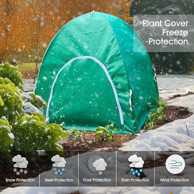 Plant Covers Freeze Protection, Rifny 28 x 28 x 30 inch Shrub Rose Bush Covers for Winter Outdoor Plants, Frost Cloth with Zipper Steel Stakes Protecting Potted Plants from Deer Rabbit Chicken (2 PCS)