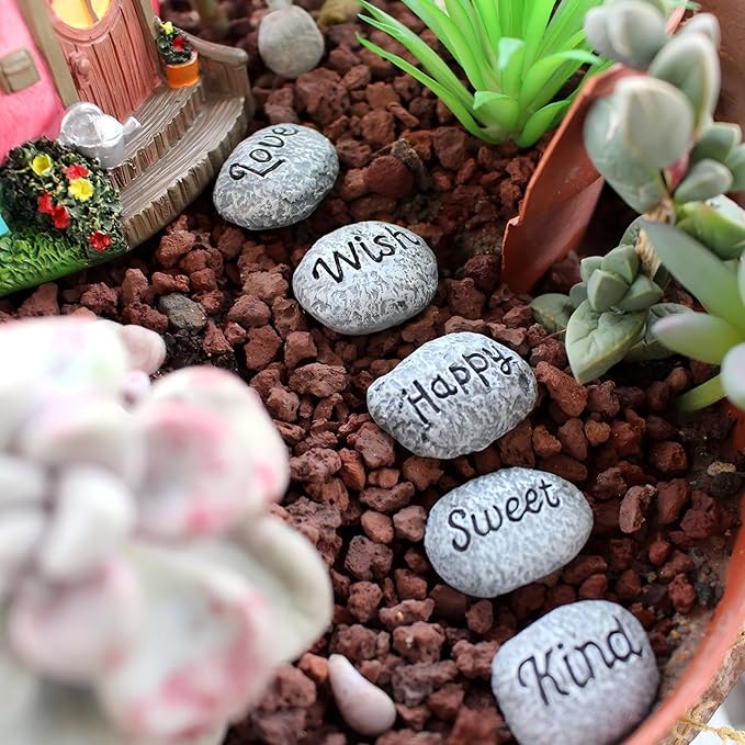 5pcs Inspirational Word Stones, Fairy Garden Accessories, Resin Miniature Pebbles for Fairy Garden Decor, Tiny Positive Message Rocks, Cute Plant Pot Ornaments