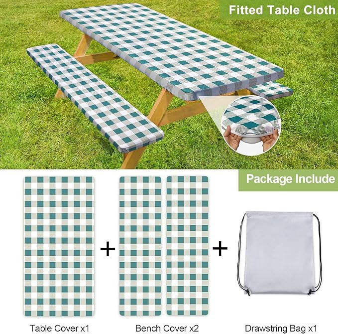 Picnic Table Cover with Bench Covers Camping Essentials Waterproof Windproof Camping Tablecloth with Drawstring Bag, Fitted Rectangle Tables and Seats, 72in, White Green Checkered