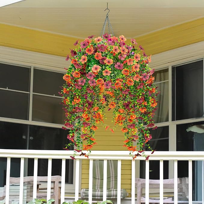 4Pcs Artificial Flowers Hanging Garden Decoration Outdoors Fall Realistic Plants Silk Flower Autumn Fake Flowers for Porch Patio Balcony Planter Yard (Dark Red+Orange)