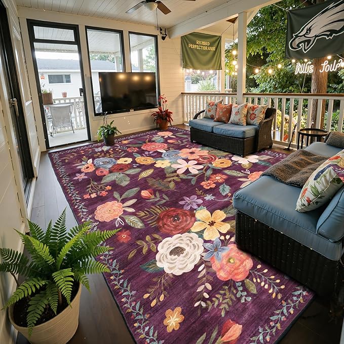 Area Rugs 10x14 Living Room, Non Slip Machine Washable Floral Rugs, Low Pile Lightweight Large Rug for Bedroom, Dining Room, Home Office(10 x 14, Purple Lawn)