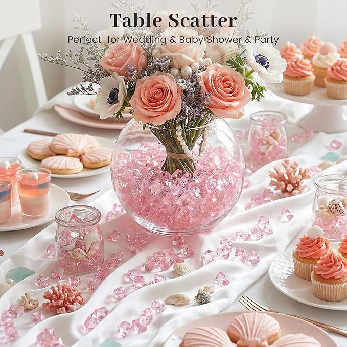 DomeStar Pink Fake Ice, 150PCS Acrylic Fake Diamonds, Plastic Crystals Gems, Vase Fillers DIY Craft Makeup Brush Rocks Wedding Party Table Centerpieces Scatter Decorations