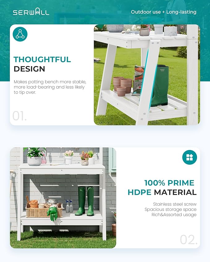 SERWALL Potting Bench Outdoor with Storage Set of 2, 3-Tier HDPE Gardening Table with Angled Legs & Tool Hooks, All-Weather Heavy Duty Potting Table for Patio, Backyard, Garden, White