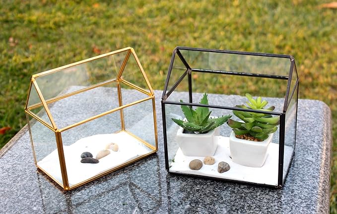 WGV Geometric Planter Terrarium Bulk, Width 6" x 3.5" Height 6" Clear Glass Gold Frame DIY Succulent air Plant Miniature Fairy Garden Windowsill Tabletop Decor, House 8 Pieces
