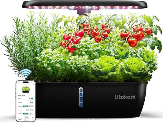 litokam Hydroponics Growing System Kit, 15 Pods Indoor Herb Garden with Smart APP & Quiet Pump, 24W LED Light, Auto Timer, Perfect Indoor Garden for Herbs, Vegetables & Flowers, Ideal for Plant Lovers