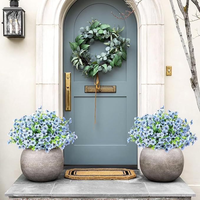 Artificial Flowers Outdoor Faux Plants UV Resistant Fake Patio Flowers Plastic Greenery Plnats Outside Bulk for Spring Garden Hanging Planter Home Vase Decor, 24 Bundles (Blue)