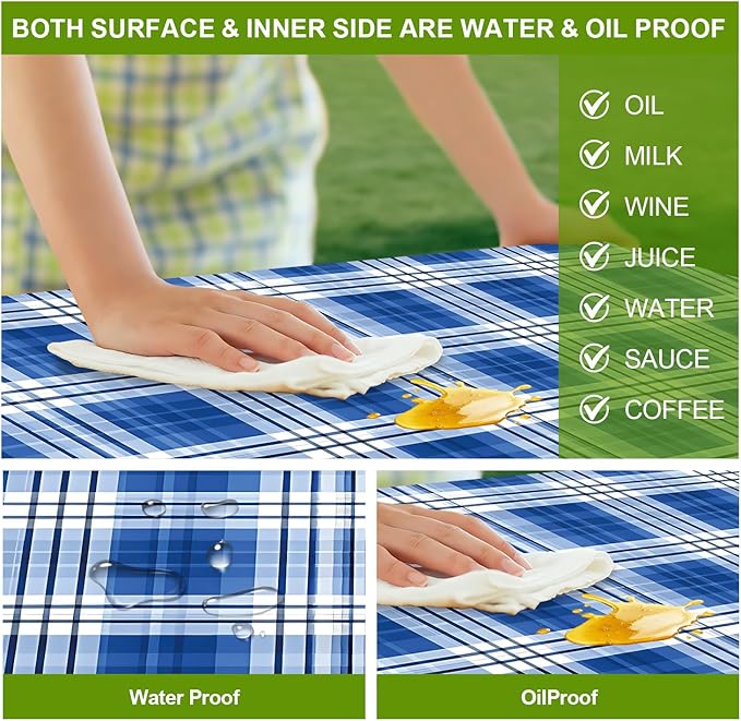 Picnic Table Cover with Bench Covers Set of 3 - Traditional Checkered Dark Blue Plaid Tablecloth, Elastic Fitted for 6 Ft Tables, Washable Polyester Cover for Camping, Indoor & Outdoor