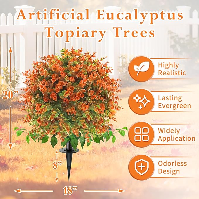 28" Artificial Fall Flower Bushes with Ground Stakes – Artificial Topiary Tree with Eucalyptus Orange Faux Floral Plants with Autumn Leaves for Outdoor Thanksgiving, Garden, Pathway, Porch Décor