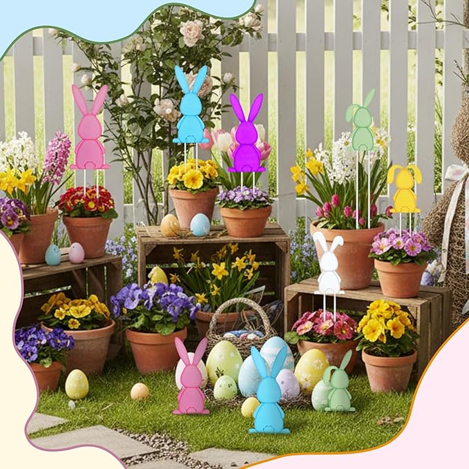 Pickmesh 6 Pcs 20" Easter Outdoor Decorations Easter Yard Sign Metal Bunny Yard Stake Multicolored Rabbits Barn Garden Stake for Planter Pot Spring Walkway Pathway Lawn Decor