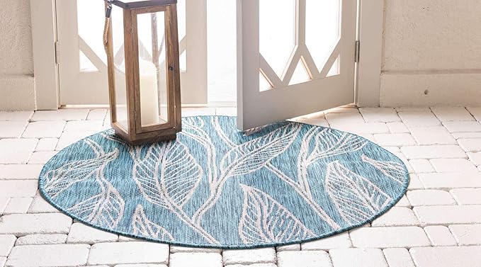 Unique Loom Outdoor Botanical Collection Area Rug - Leaf (4' 1" Round, Teal/ Ivory)