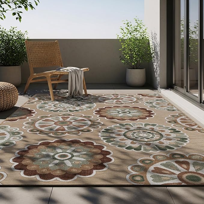 Outdoor Rug 8x10 Washable Area Rugs Indoor Outdoor Carpets Beige Bohemian Medallion Non Shedding Waterproof Easy Clean Patio Deck Porch Living Room Bedroom Garden RV (8 X 10 Beige)