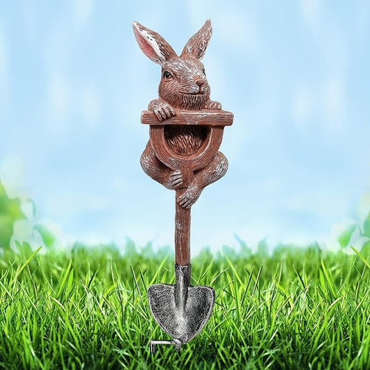 Bunny Garden Statue Resin Bunny Figurine on Shovel Rabbit Planter Outdoor Fairy Garden Yard Lawn Decoration Whimsical Plant Pots Stake Miniature Bunnies Sculpture Housewarming Gift Easter Ornament