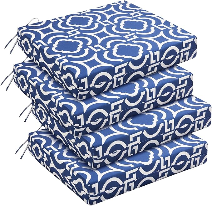 downluxe Outdoor Chair Cushions Set of 4 for Patio Furniture, Water-Resistant Square Corner Patio Chair Cushions with Ties, High Density Foam Outdoor Seat Cushion, 18.5" X 16" X 3", Circular Geometry