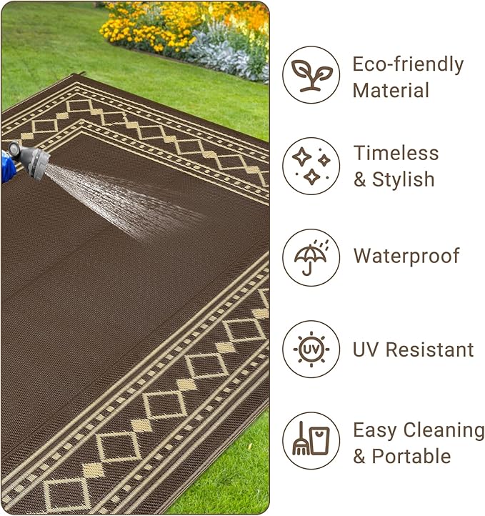 9x18 Large Outdoor Rug,Modern Bordered Plastic Straw Carpet,Waterproof Lightweight Outdoor Carpet,Easy Cleaning Folding Uv Resistant Picnic Camping Mat,Brown/Coffee