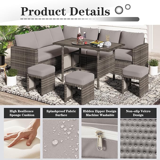 U-MAX Outdoor Cushions, 4 inch Memory Foam Patio Replacement for Outdoor Furniture, Fits 7-Seats Sectional Rattan Conversation Set, Splashproof Covers (Light Grey)
