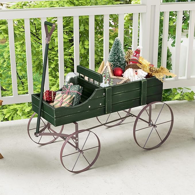 HAPPYGRILL Wooden Wagon Planter, 24.5” x 13.5” x 24” Decorative Garden Planter w/ 2 Planting Sections, Wheels, Handle, Small Decorated Cart, Flower Planter Box for Indoor Outdoor Patio (Green)